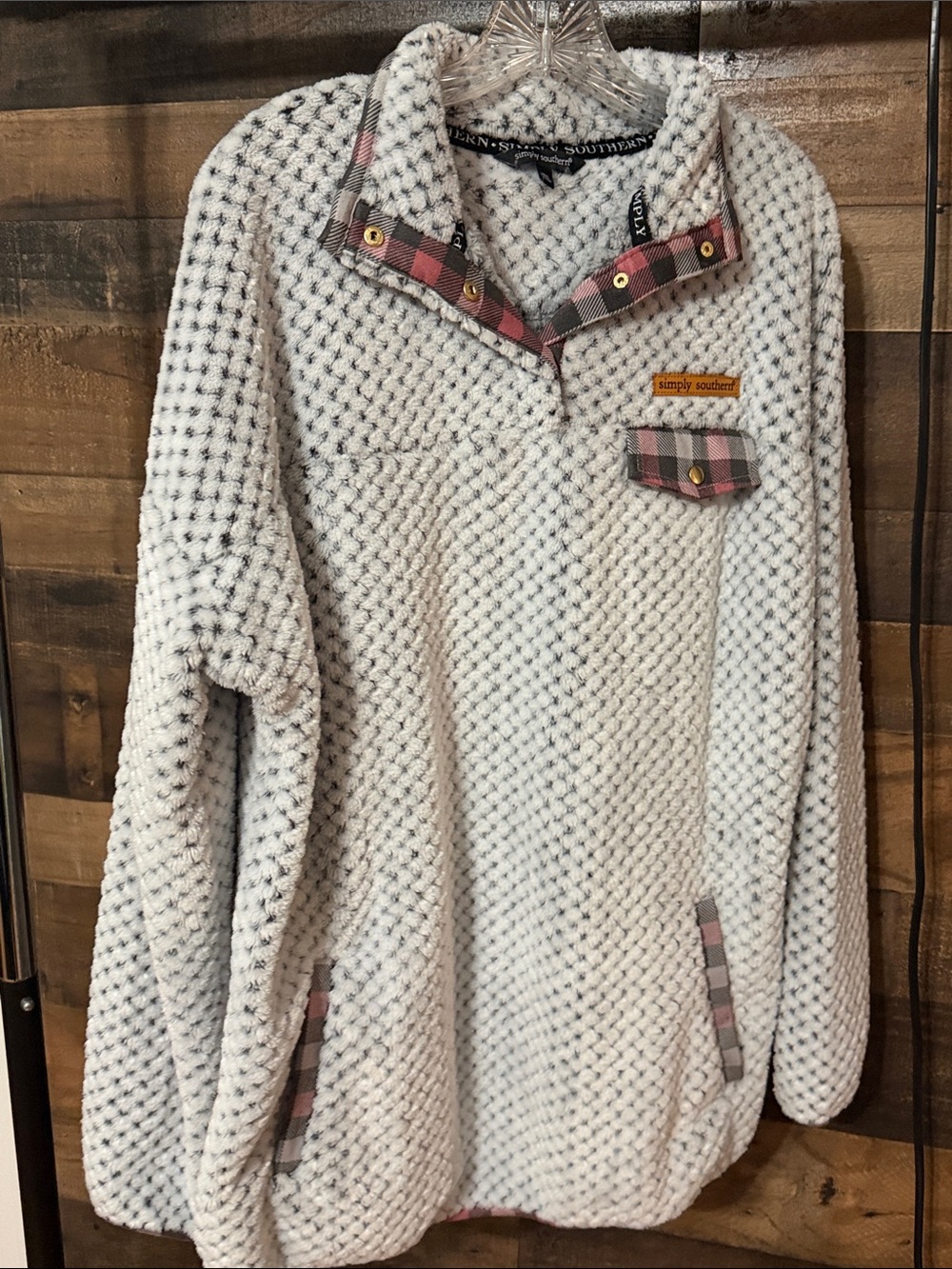 Simply Southern Cream Plush Pullover with Pink Plaid Trim